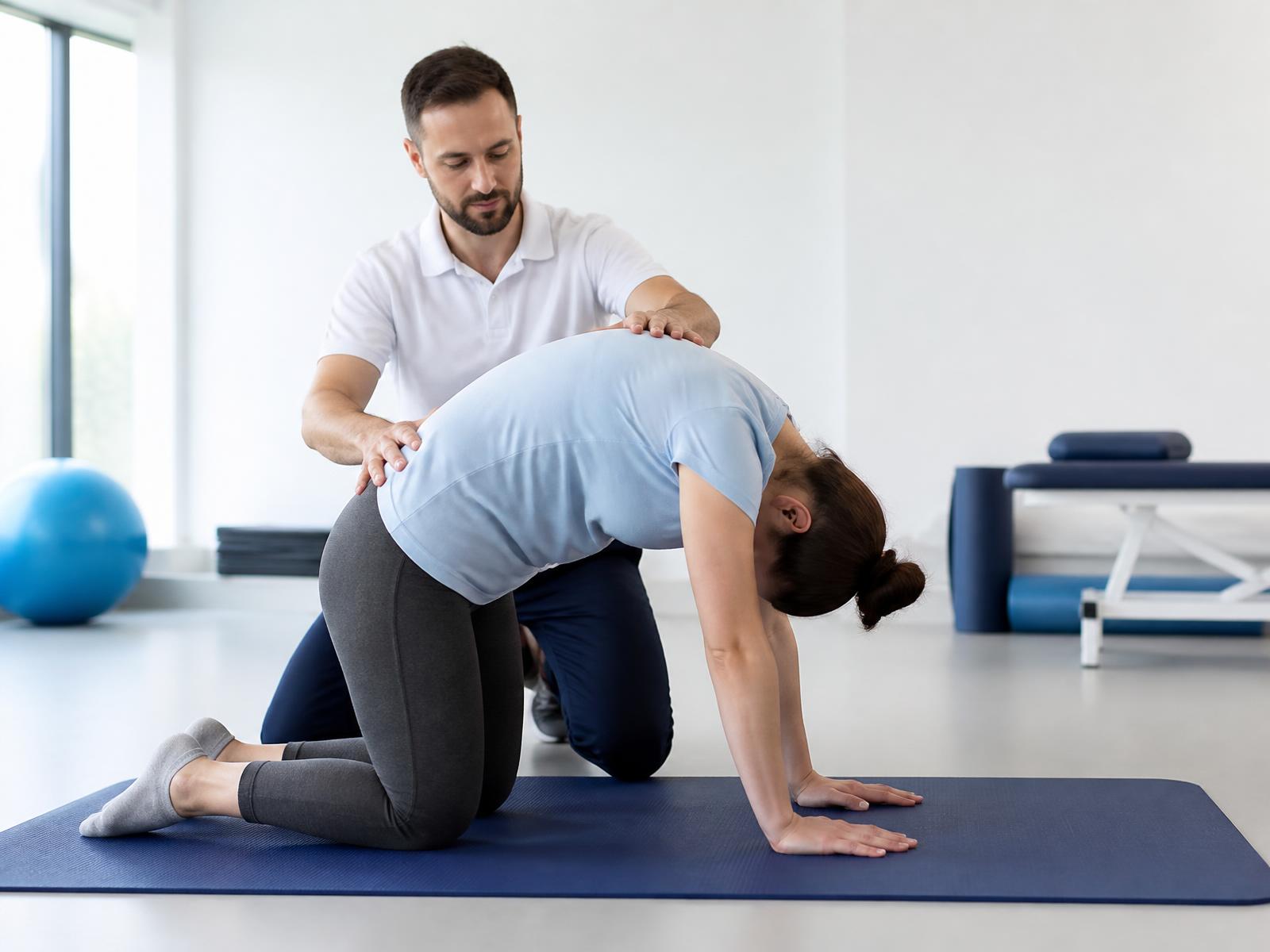 Physical therapist guiding a patient through a spine mobility exercise